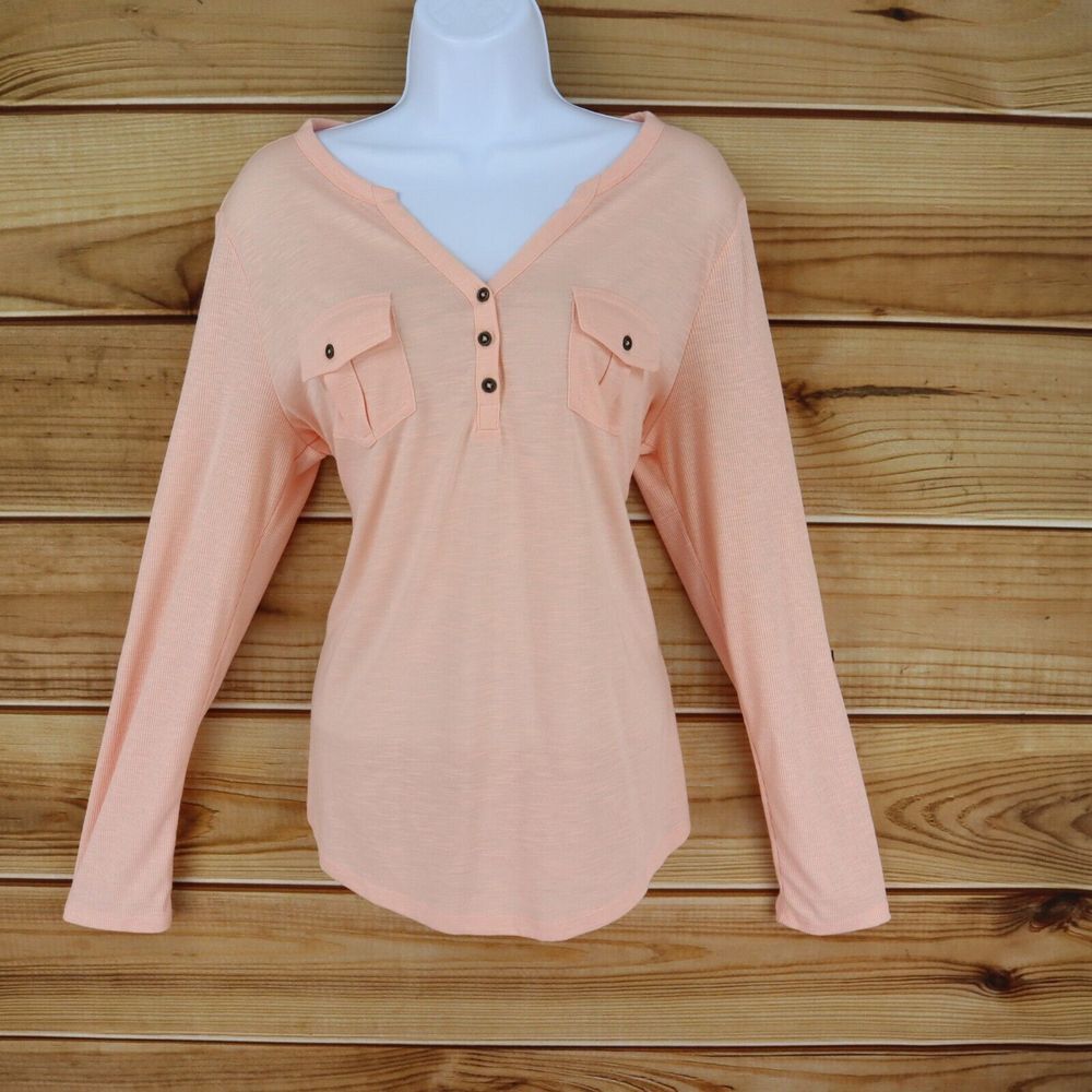 Sonoma Life + Style Knit Top 1/4 Button V-Neck Womens L Salmon Pink Long Sleeve